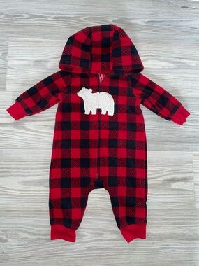 Carter’s Baby Boy 3M Fleece Buffalo Plaid Hooded One-Piece Bear Romper
